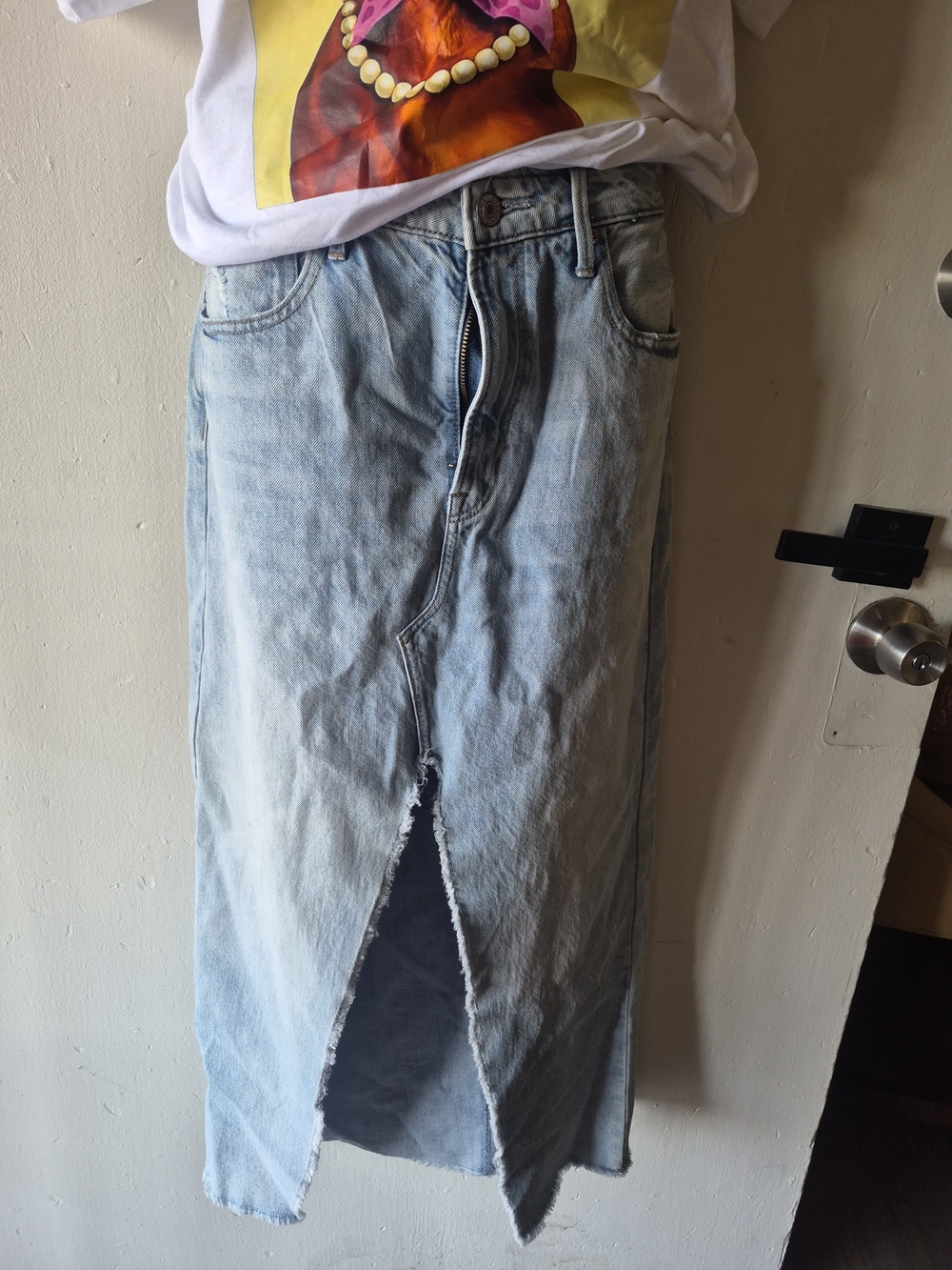 American Eagle Outfitters Light Blue Denim Maxi Skirt with Front Slit